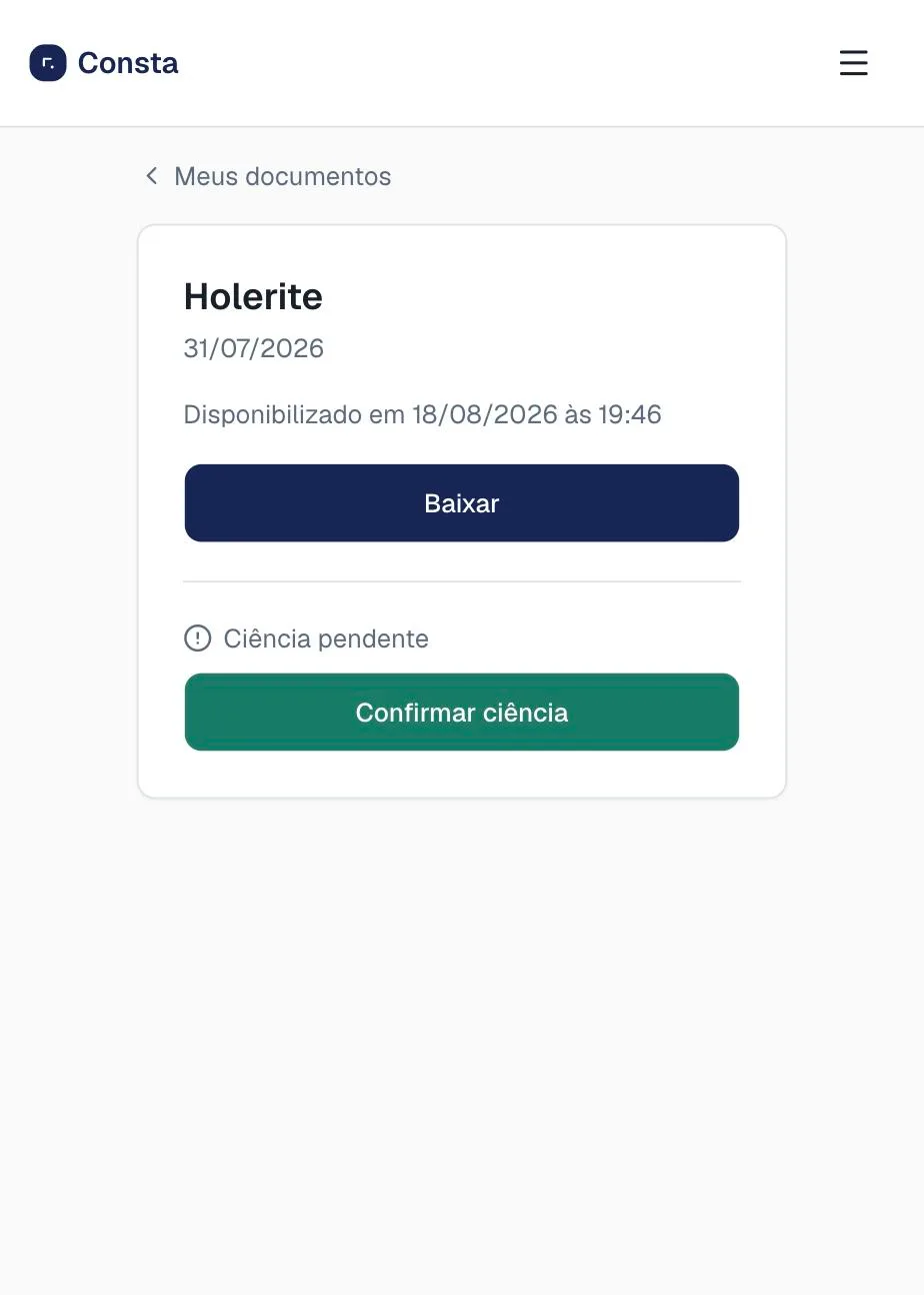 Documento com ciência pendente, visualização mobile