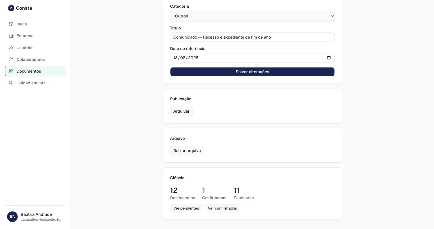 Painel de ciência de um comunicado no Consta: 12 destinatários, 1 confirmou, 11 pendentes