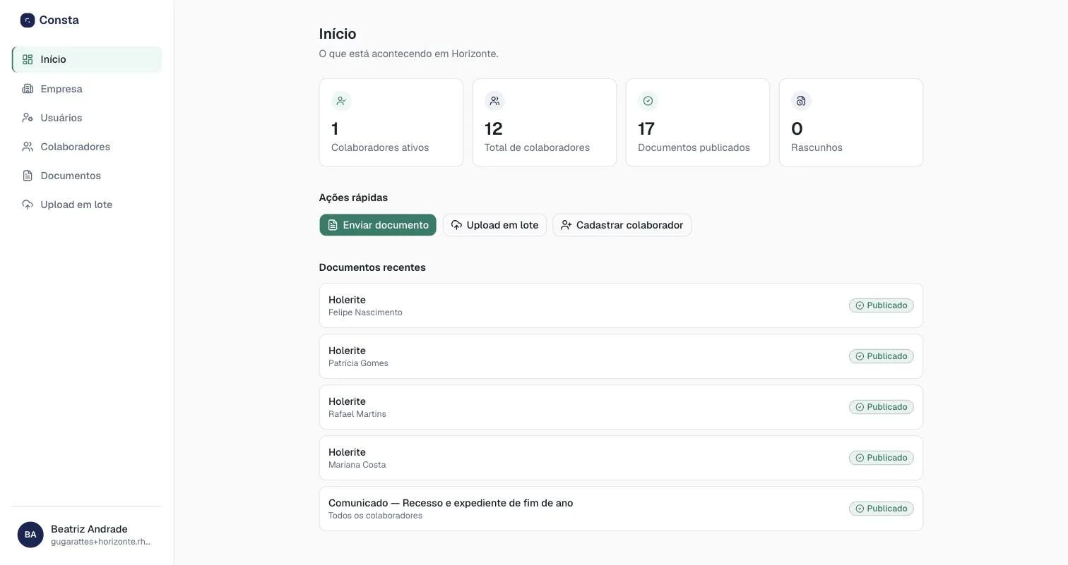 Dashboard do RH no Consta, mostrando colaboradores ativos, documentos publicados e ações rápidas