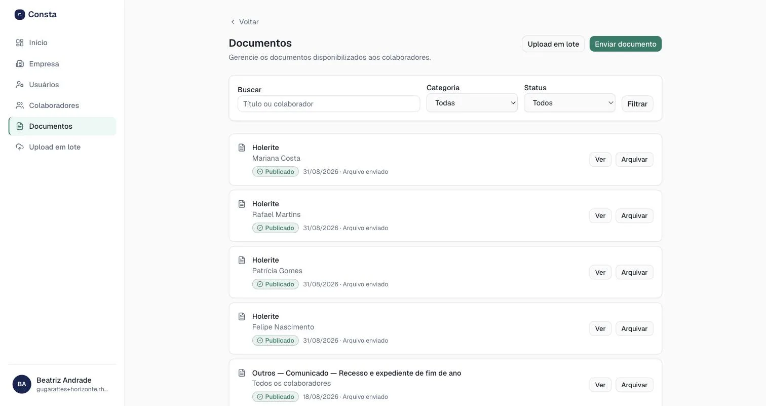 Lista de documentos no painel do RH