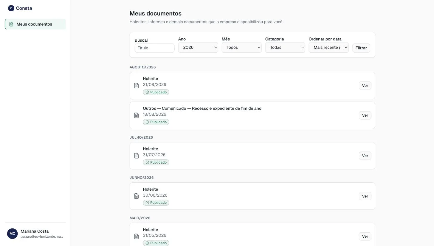Portal do colaborador no Consta, com a lista de documentos disponibilizados pela empresa